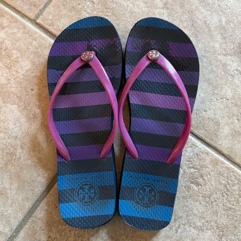Tory Burch Navy and Pink Striped Flip Flops size 7